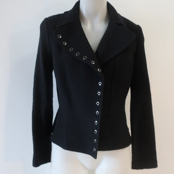 St. John Black Label Black Wool Blend Flounce Hem Grommet Boucle Blazer Jacket 4 - Picture 2 of 14